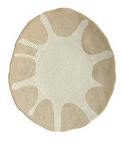 Runder, handgefertigt wirkender Keramikteller in Beige mit weißer, rissiger Glasur in organischem Sonnen-/Korallenmuster, Draufsicht (Top-Down) auf weißem Hintergrund