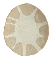 Runder, handgefertigt wirkender Keramikteller in Beige mit weißer, rissiger Glasur in organischem Sonnen-/Korallenmuster, Draufsicht (Top-Down) auf weißem Hintergrund