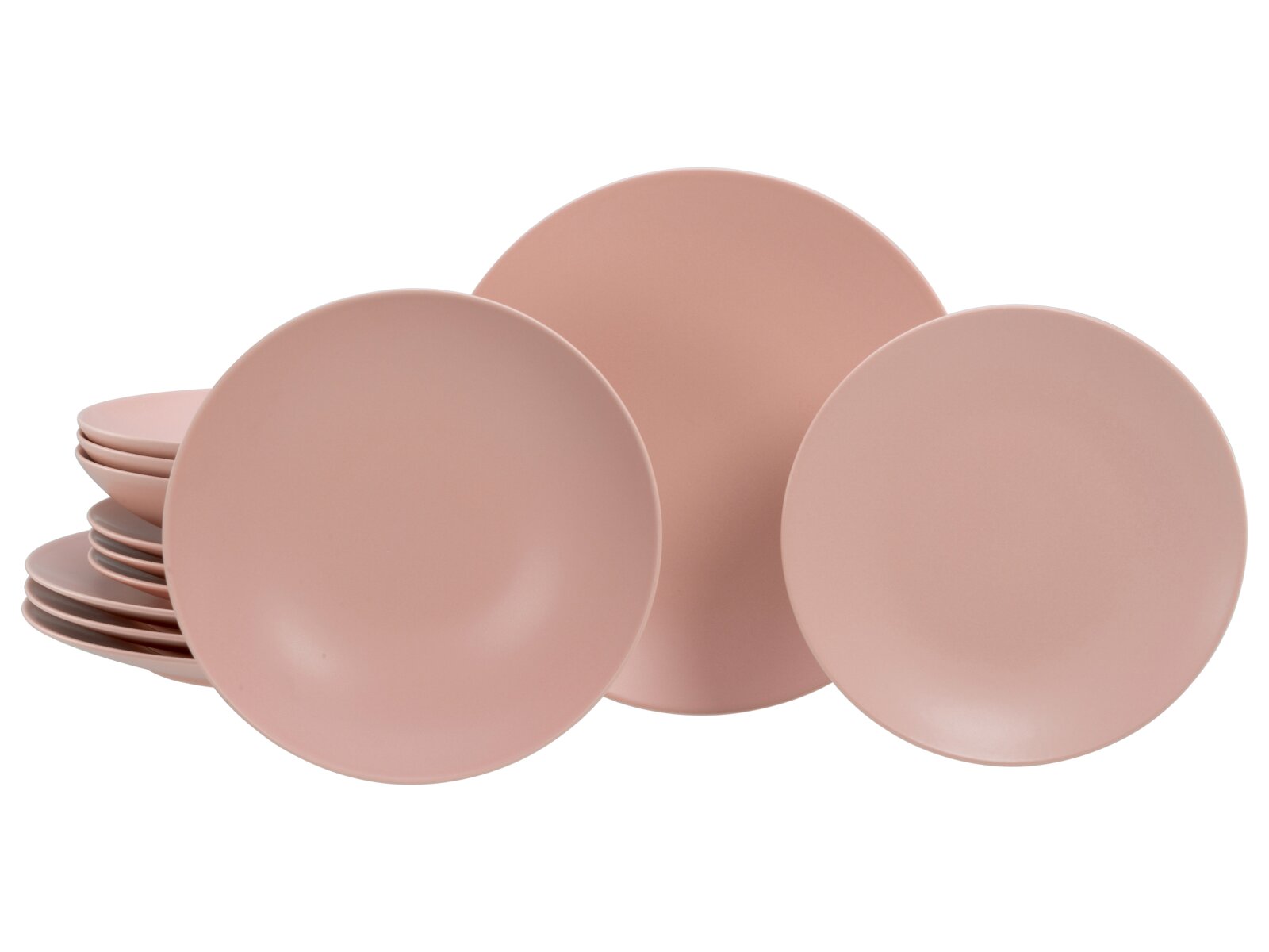 Creatable Tellerset 12-tlg SOFT TOUCH Roséfarbenes, mattes Tellerset aus Keramik/Porzellan mit gestapelten Tellern und drei aufrecht stehenden Tellern vor weißem Hintergrund, perspektivisch in schräger Frontansicht