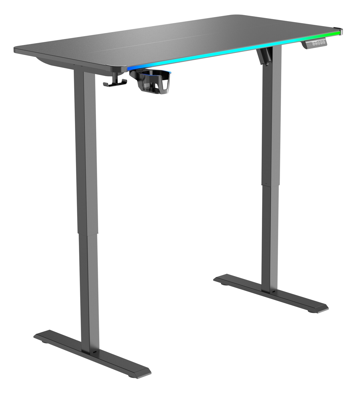 Moderner E-Gaming Tisch mit LED-Beleuchtung, seitlicher Haken und Getränkehalter, seitliche Perspektive