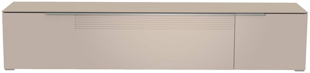 Vooraanzicht van een modern, beige XL-tv-lowboard met strakke lijnen en een minimalistisch ontwerp.
