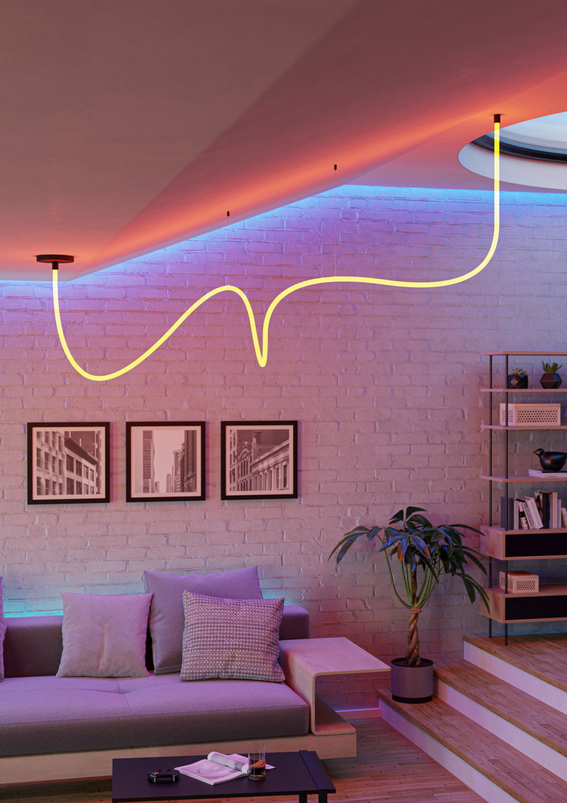 LED-Lichtschlauch in einem modernen Wohnzimmer, an der Decke montiert und in einer geschwungenen Form verlaufend, mit Blick auf eine gemütliche Sitzecke und dekorative Beleuchtung.