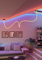 LED-Lichtschlauch in einem modernen Wohnzimmer, an der Decke montiert und in einer geschwungenen Form verlaufend, mit Blick auf eine gemütliche Sitzecke und dekorative Beleuchtung.