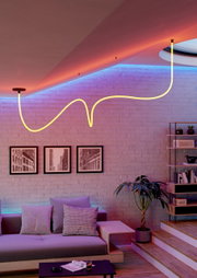 Een led-lichtslinger in een moderne woonkamer, aan het plafond bevestigd en in een gebogen lijn, met uitzicht op een gezellige zithoek en decoratieve verlichting.