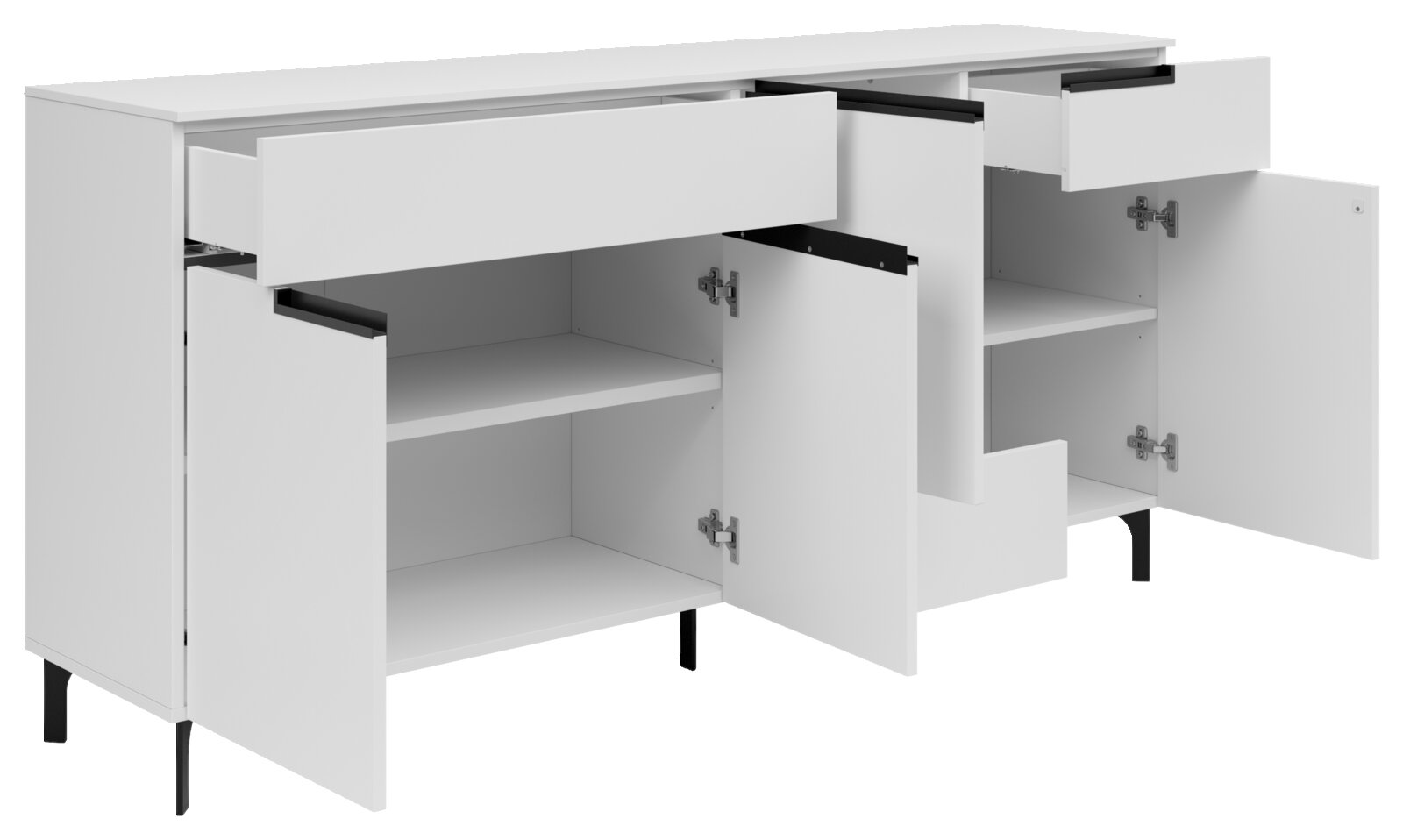 Wit dressoir met twee lades en twee kastdeuren, geopend, zijaanzicht