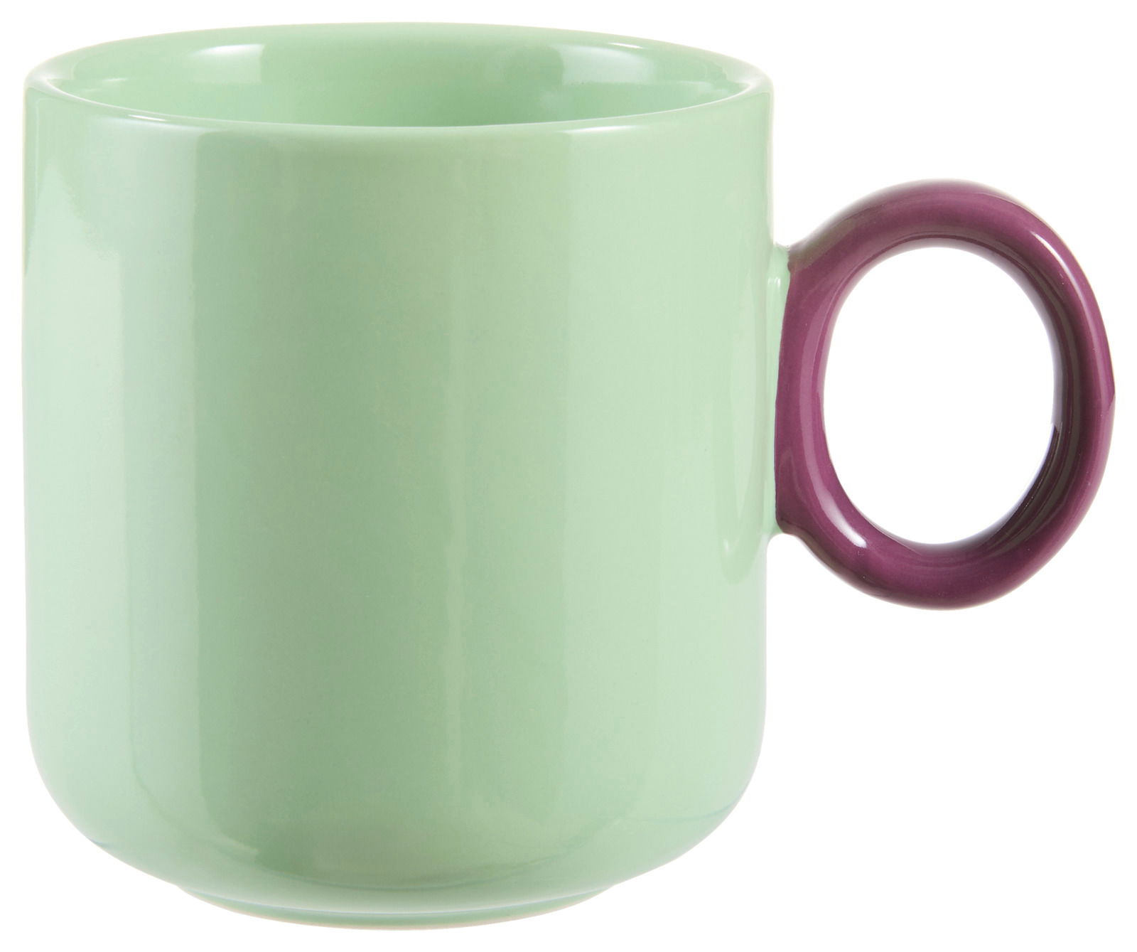 Grüner Kaffeebecher mit lila Henkel, seitliche Perspektive