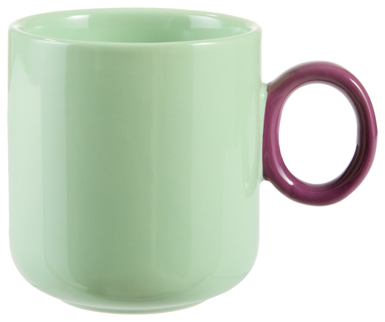 Grüner Kaffeebecher mit lila Henkel, seitliche Perspektive