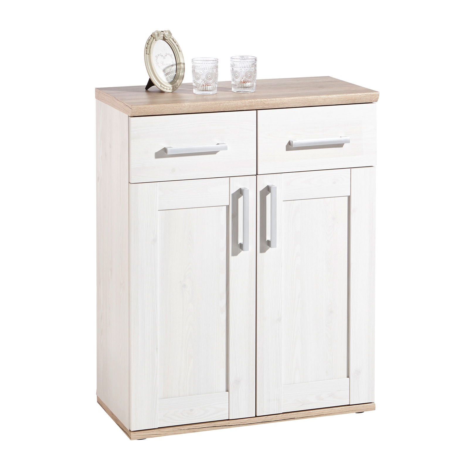 Schuhschrank aus hellem Holz mit zwei Schubladen und zwei Türen, dekoriert mit einem Bilderrahmen und zwei Gläsern, Perspektive von vorne