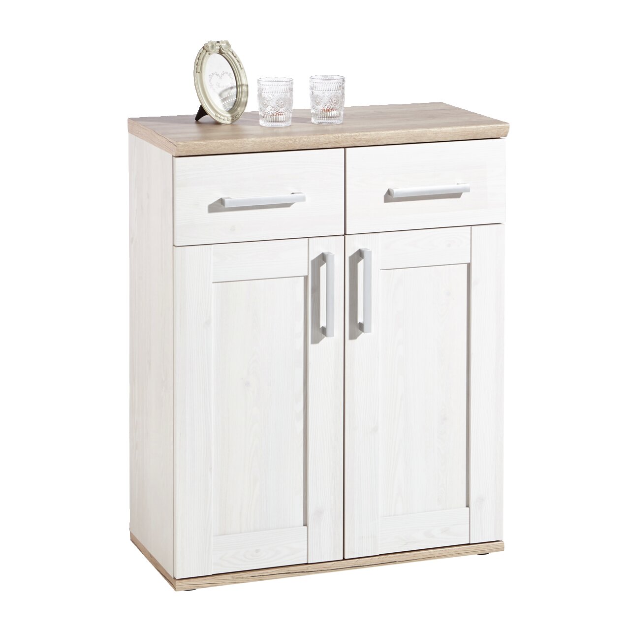 Landscape Schuhschrank SORTLAND Schuhschrank aus hellem Holz mit zwei Schubladen und zwei Türen, dekoriert mit einem Bilderrahmen und zwei Gläsern, Perspektive von vorne