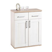 Schuhschrank aus hellem Holz mit zwei Schubladen und zwei Türen, dekoriert mit einem Bilderrahmen und zwei Gläsern, Perspektive von vorne