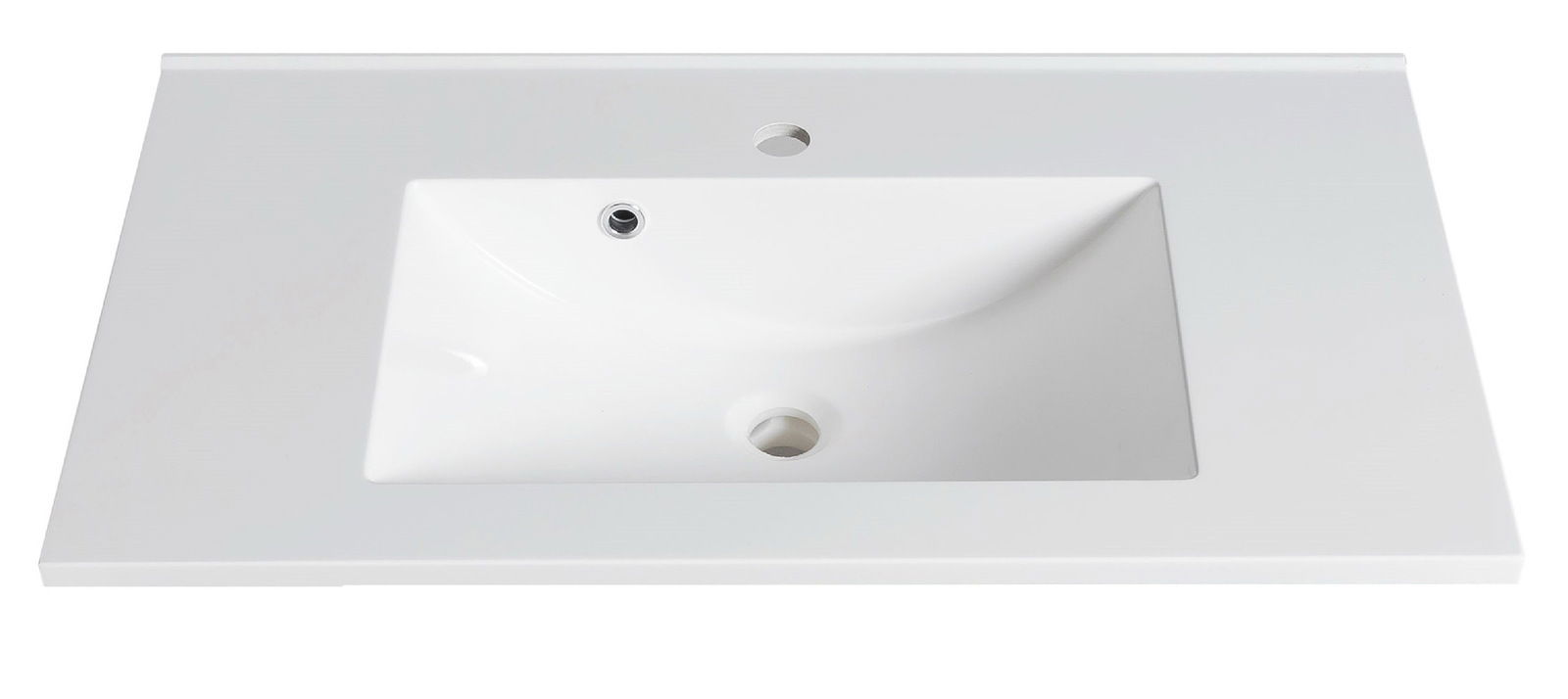 Weißes Waschtisch-Set aus der Vogelperspektive mit rechteckigem Becken und zwei Bohrungen.