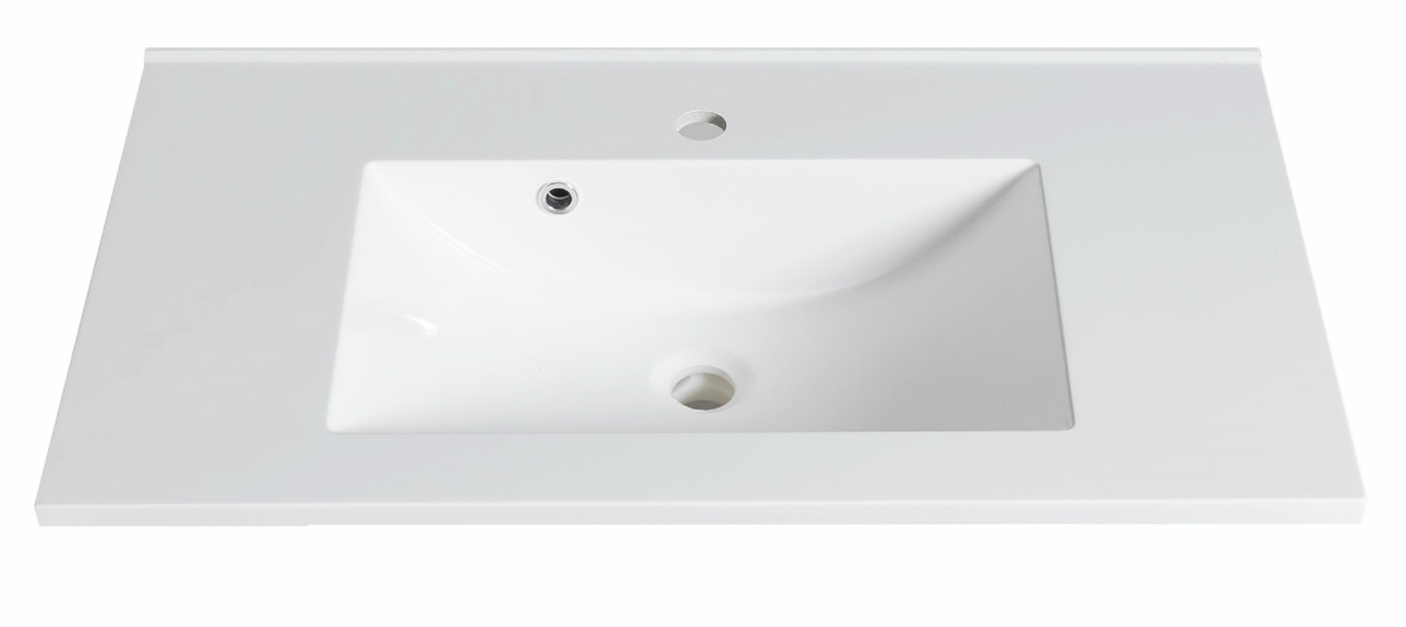 Weißes Waschtisch-Set aus der Vogelperspektive mit rechteckigem Becken und zwei Bohrungen.