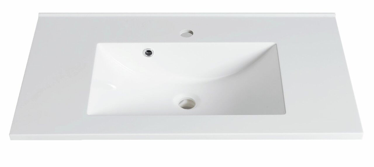 Weißes Waschtisch-Set aus der Vogelperspektive mit rechteckigem Becken und zwei Bohrungen.