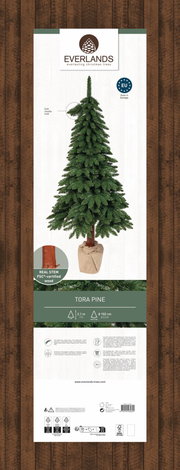 Künstlicher Weihnachtsbaum Tora Kiefer, 210 cm hoch, mit realistischem Nadel-Look und echtem Holzstamm, frontal abgebildet.