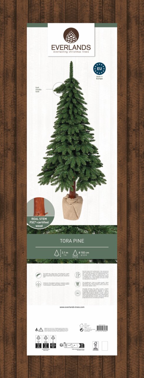 Künstlicher Weihnachtsbaum Tora Kiefer, 210 cm hoch, mit realistischem Nadel-Look und echtem Holzstamm, frontal abgebildet.