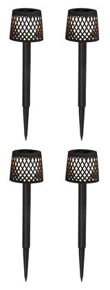 Vier schwarze Solar-Erdspieße mit dekorativem Gitterdesign, frontal abgebildet.