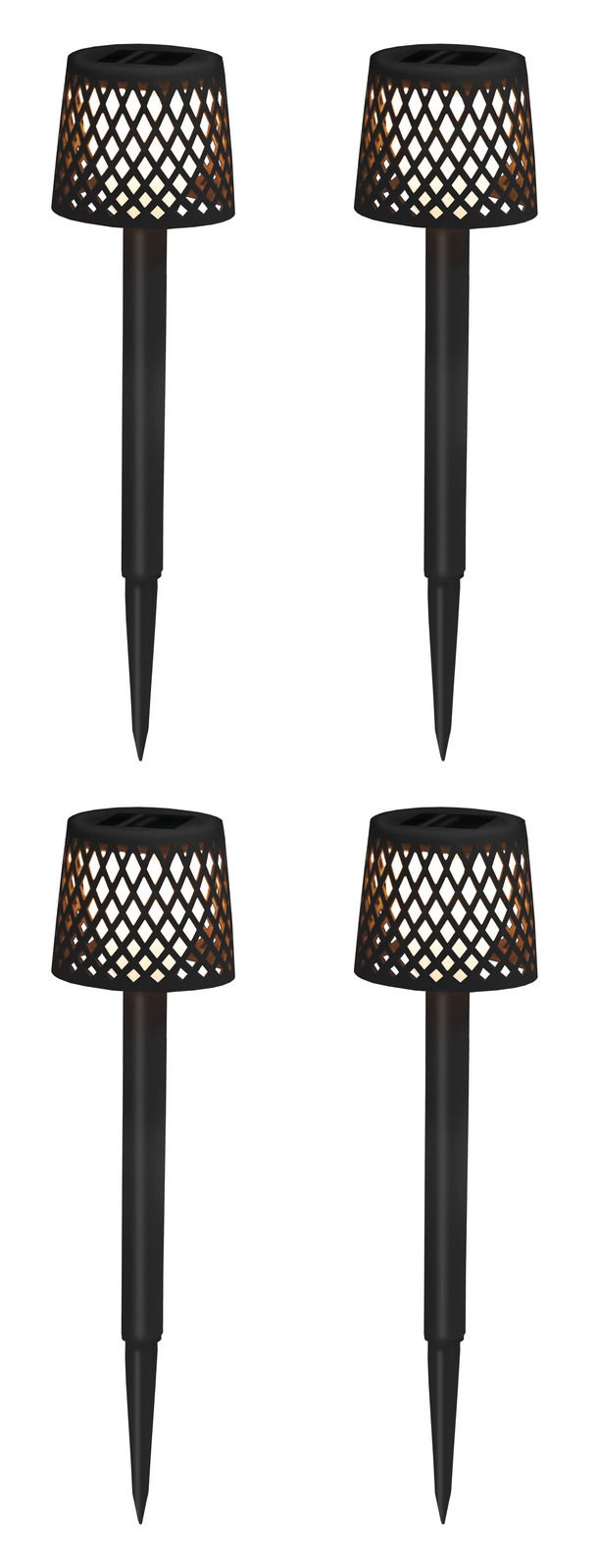 Vier schwarze Solar-Erdspieße mit dekorativem Gitterdesign, frontal abgebildet.
