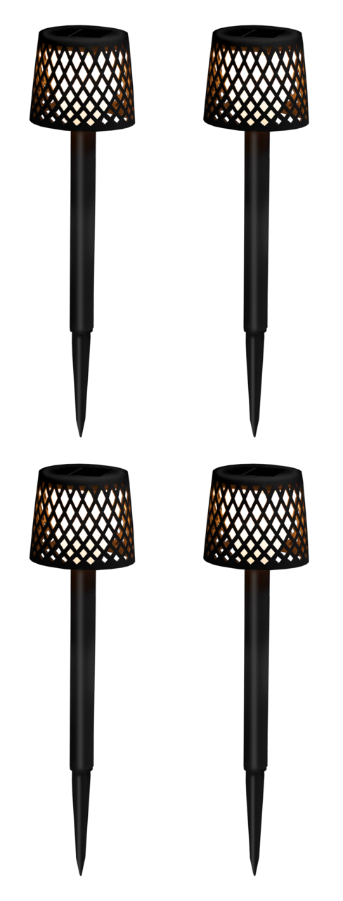 Vier schwarze Solar-Erdspieße mit dekorativem Gitterdesign, frontal abgebildet.