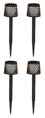 Vier schwarze Solar-Erdspieße mit dekorativem Gitterdesign, frontal abgebildet.