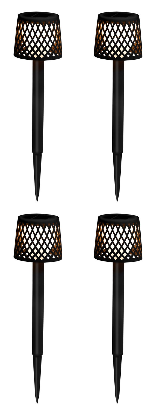 Vier schwarze Solar-Erdspieße mit dekorativem Gitterdesign, frontal abgebildet.