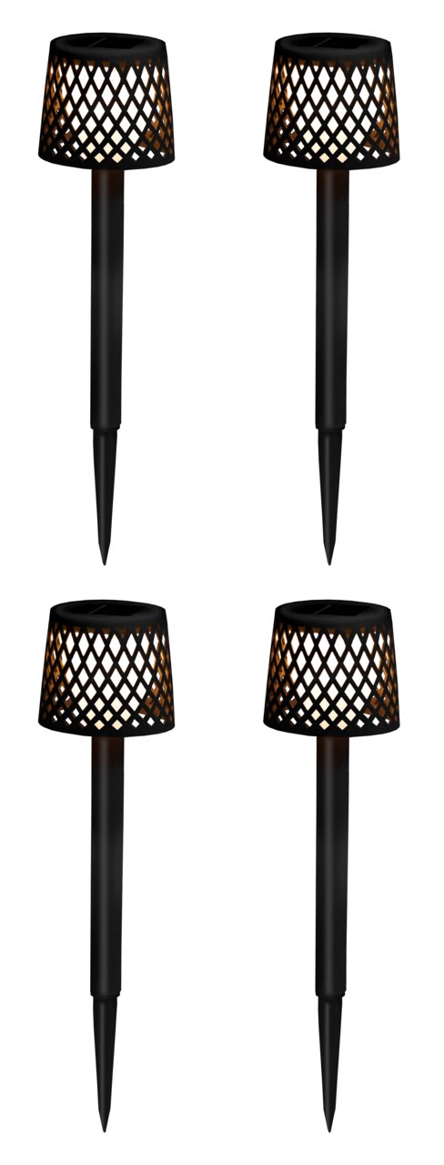 Vier schwarze Solar-Erdspieße mit dekorativem Gitterdesign, frontal abgebildet.