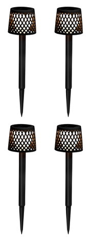 Vier schwarze Solar-Erdspieße mit dekorativem Gitterdesign, frontal abgebildet.