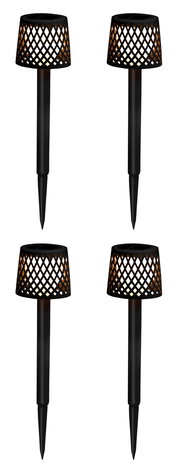 Vier schwarze Solar-Erdspieße mit dekorativem Gitterdesign, frontal abgebildet.