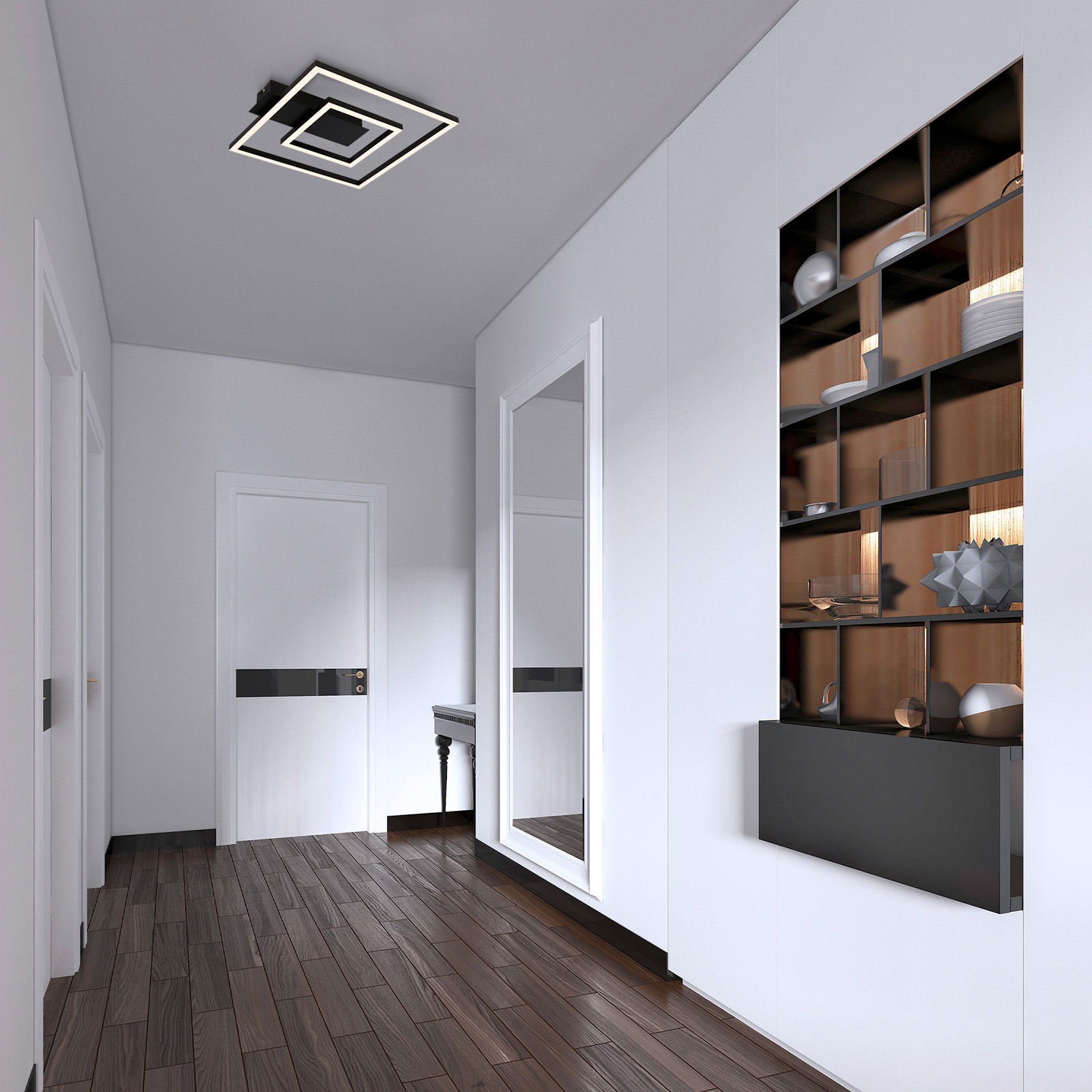 Moderne LED Deckenleuchte in Schwarz, quadratisches Design, von unten betrachtet in einem stilvollen Flur mit Holzfußboden und Wandregal.