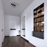 Moderne LED Deckenleuchte in Schwarz, quadratisches Design, von unten betrachtet in einem stilvollen Flur mit Holzfußboden und Wandregal.