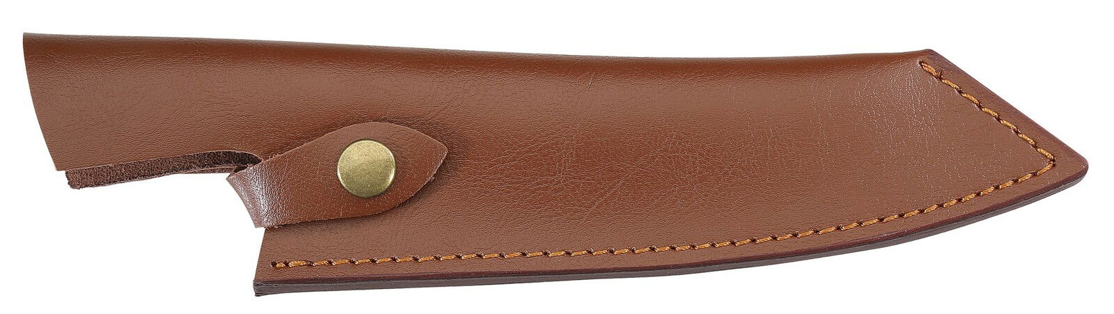 Braune Lederscheide für ein Kochmesser, seitliche Ansicht mit Druckknopfverschluss.