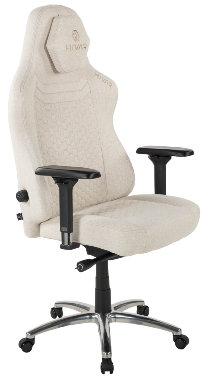 HIVAR Gaming Stuhl ORBICAL XL Beiger Gaming Stuhl mit ergonomischem Design, verstellbaren Armlehnen und stabiler Metallbasis, seitliche Perspektive