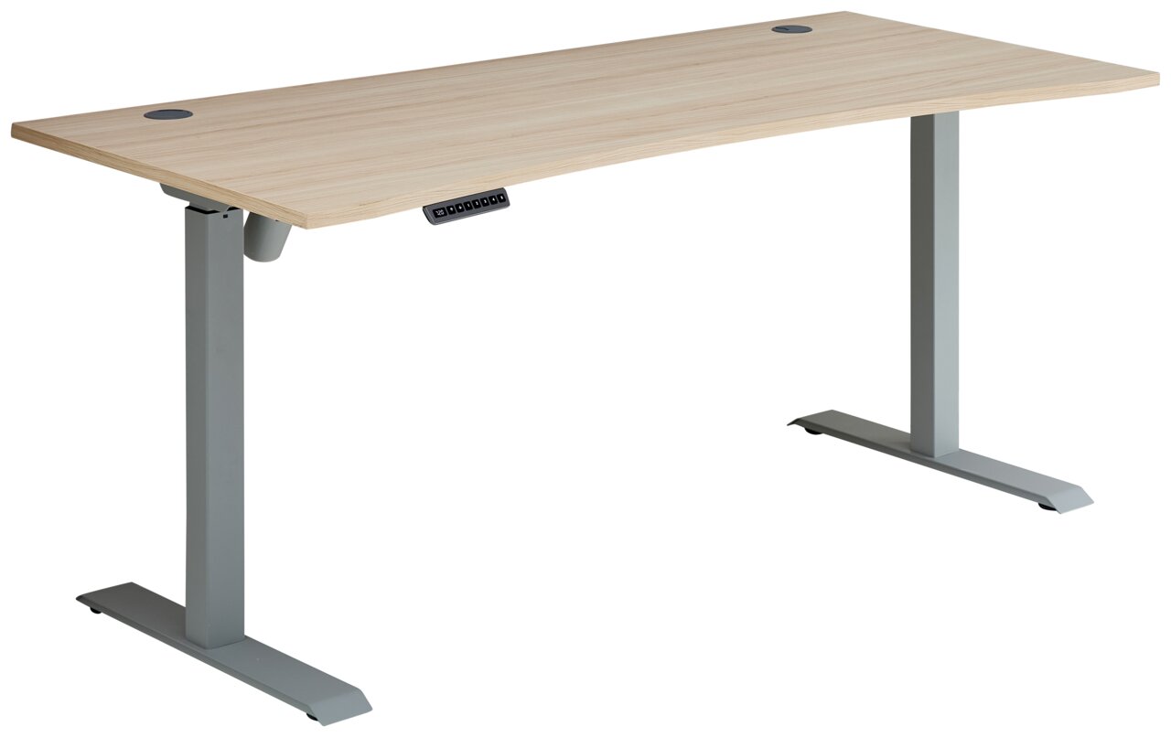 Moderner Schreibtisch mit Motor, Holzoberfläche und grauem Metallgestell, seitliche Perspektive