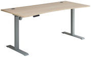 Modern bureau met motor, houten blad en grijs metalen onderstel, zijaanzicht