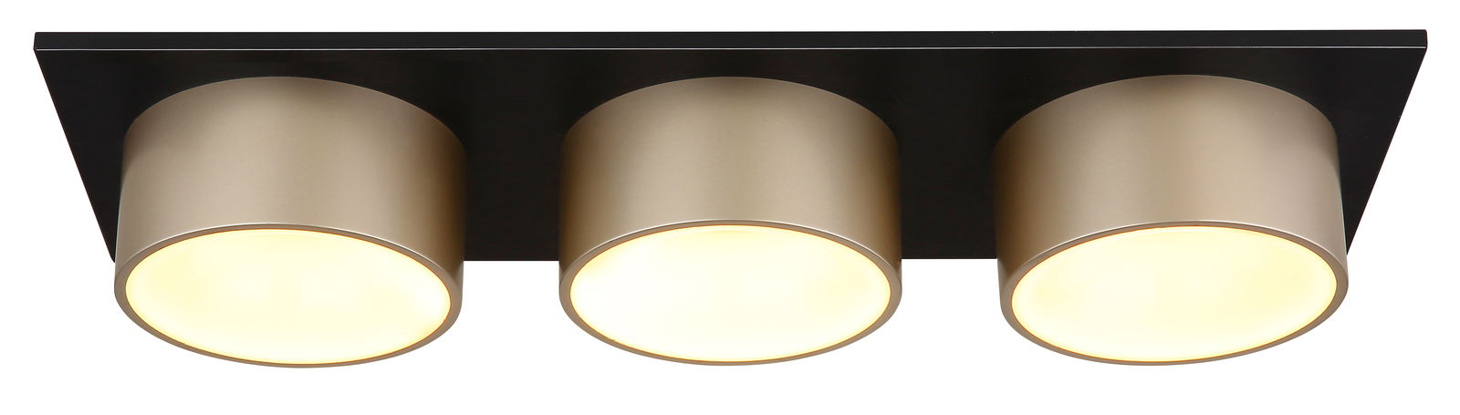 Moderne Deckenleuchte mit drei zylindrischen, goldfarbenen Lampenschirmen auf schwarzer Basis, Ansicht von unten.