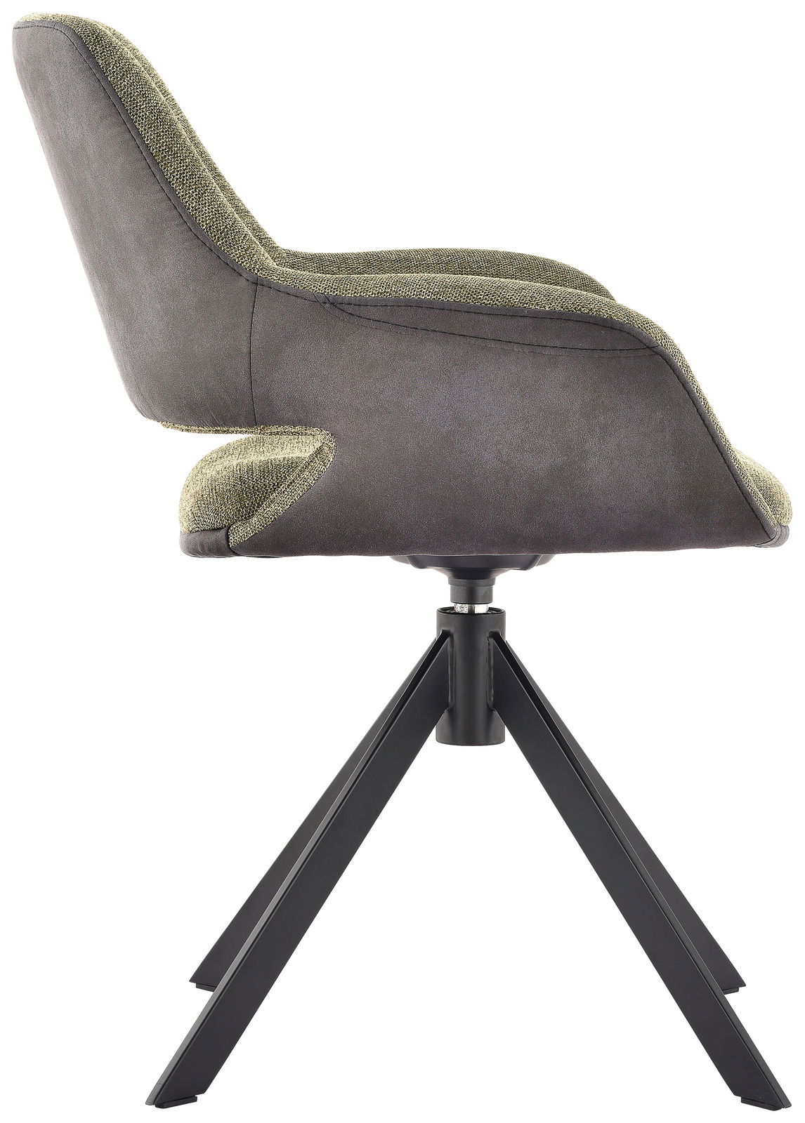 Moderner Sessel mit grünem Stoffbezug und schwarzem Metallgestell, Seitenansicht