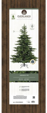 Künstlicher Weihnachtsbaum Grandis Fir, 2,4 m hoch, 1,62 m Durchmesser, mit realistischem Nadel-Look, auf einem stabilen Ständer, Frontalansicht.