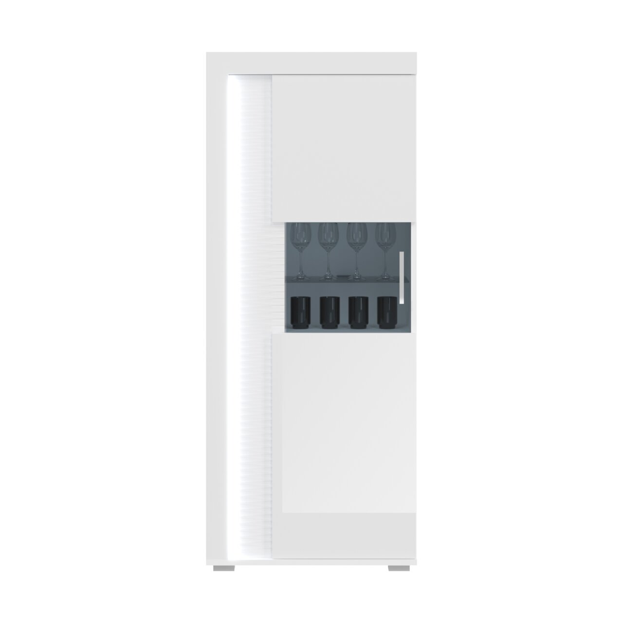 Moderne weiße Vitrine mit Glastür, die von vorne gezeigt wird. Enthält Gläser und Tassen hinter einer beleuchteten Glasfront.