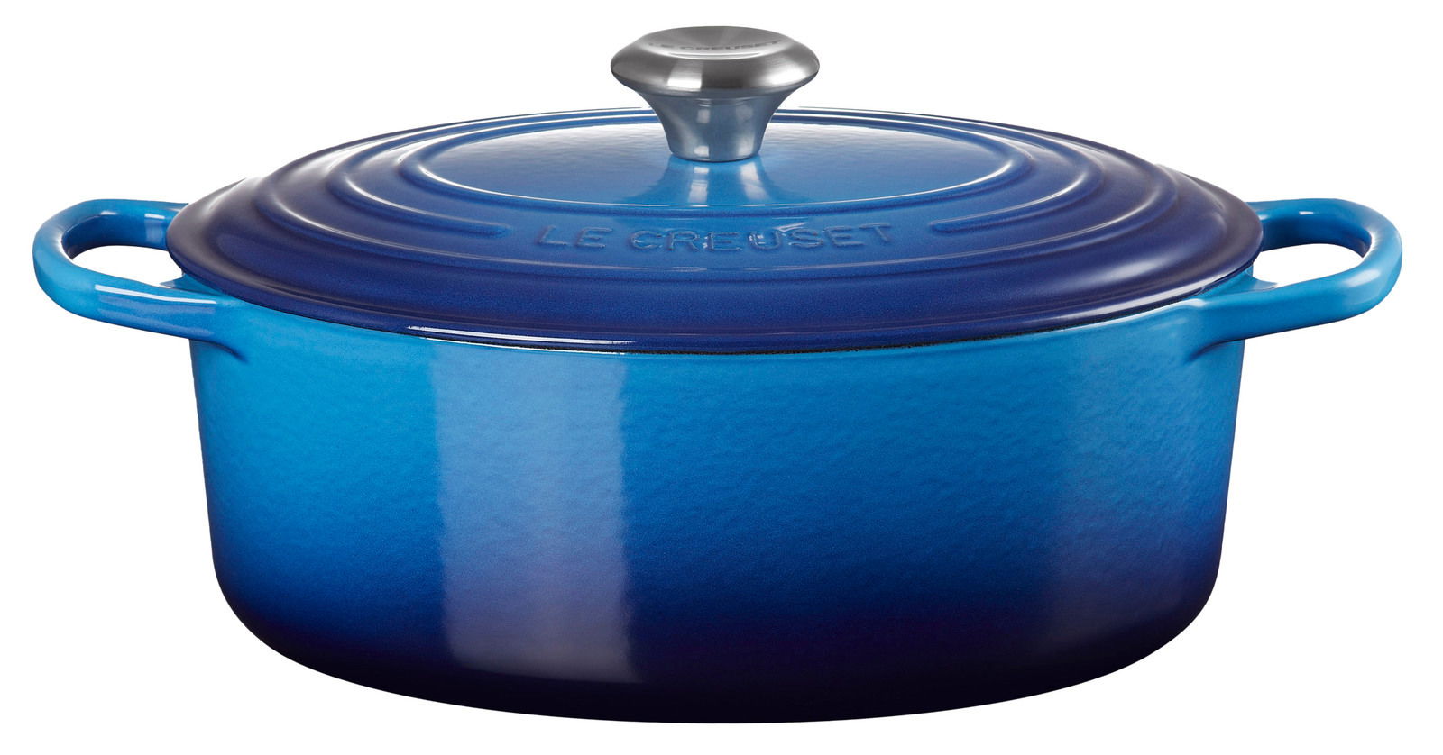 Blauer ovaler Bräter mit Deckel und Griffen, seitliche Perspektive