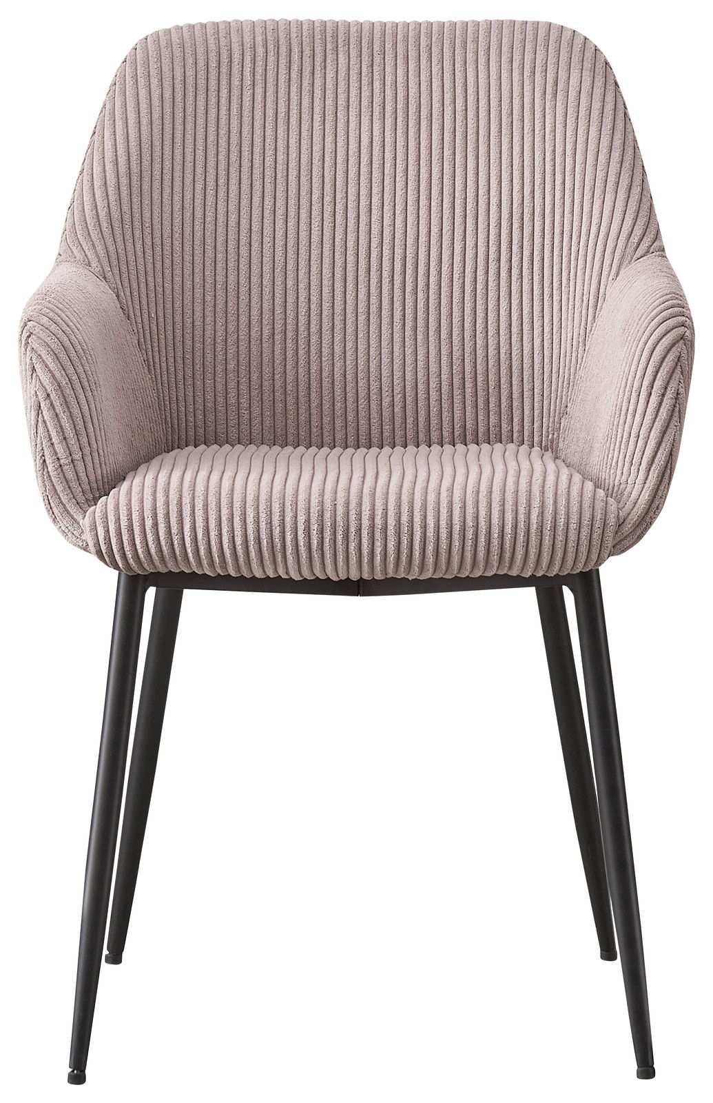 Frontansicht eines Armlehnstuhls mit geripptem Stoffbezug und schwarzen Metallbeinen.