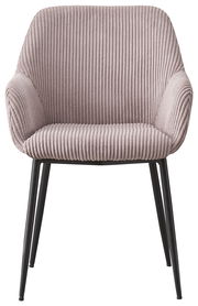 Frontansicht eines Armlehnstuhls mit geripptem Stoffbezug und schwarzen Metallbeinen.