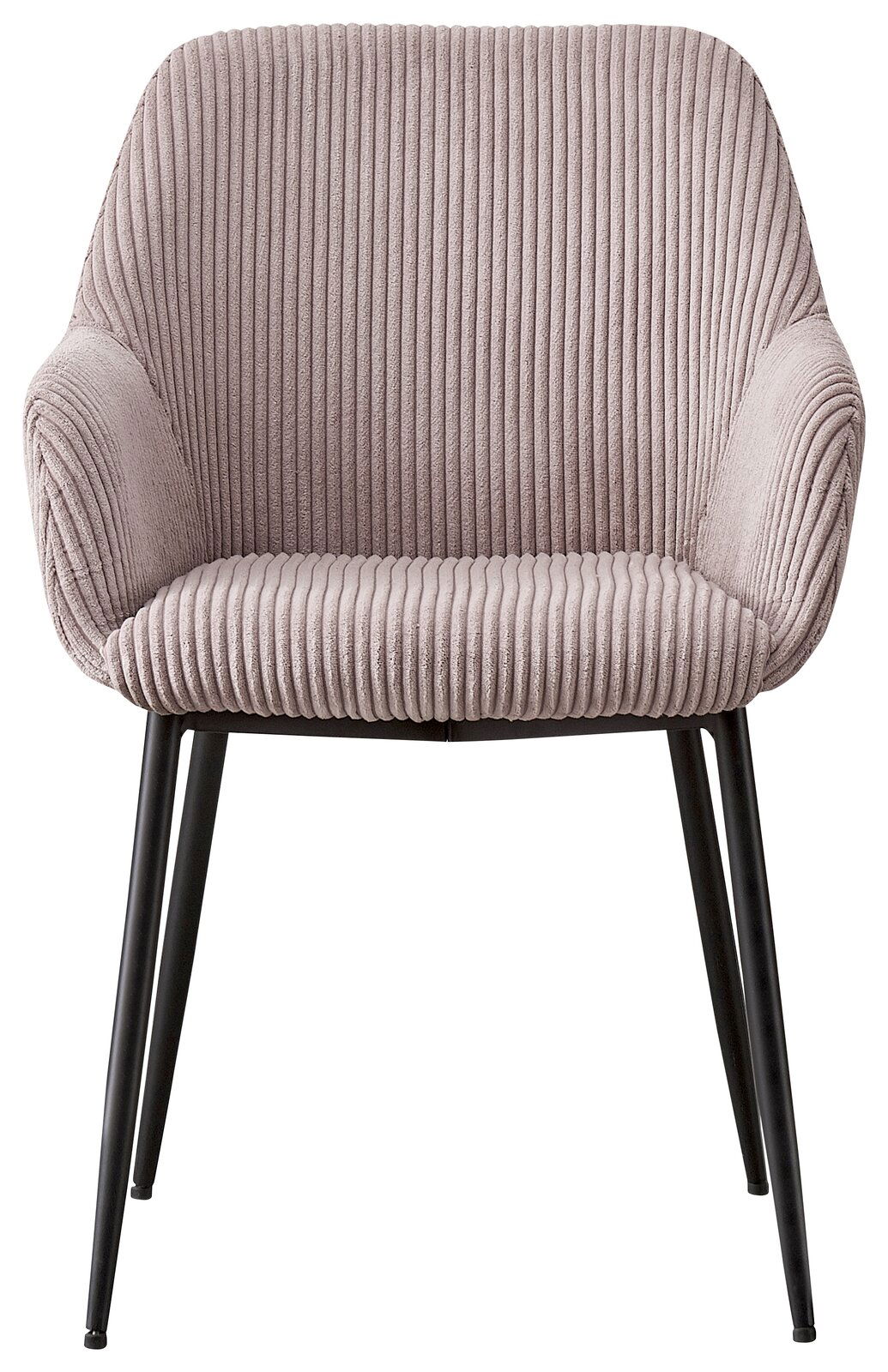 Frontansicht eines Armlehnstuhls mit geripptem Stoffbezug und schwarzen Metallbeinen.