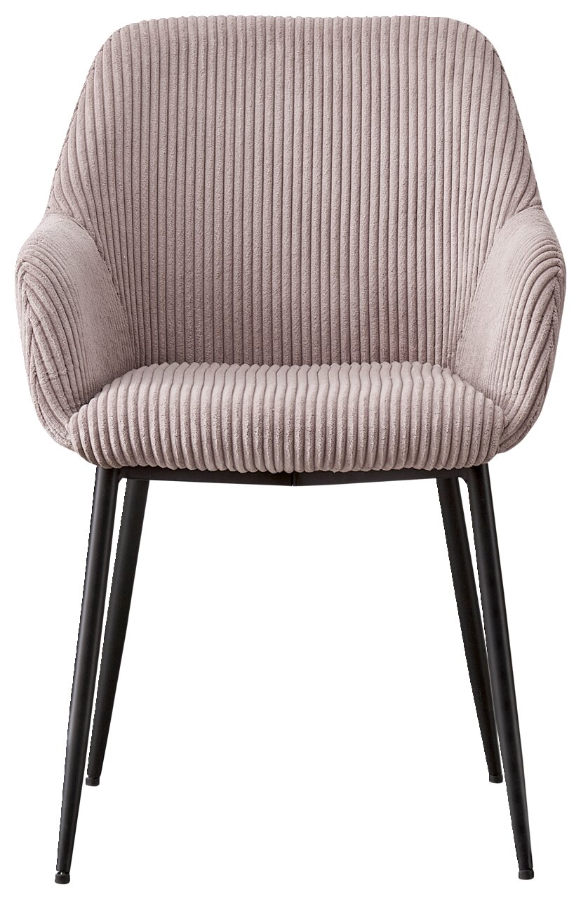 Frontansicht eines Armlehnstuhls mit geripptem Stoffbezug und schwarzen Metallbeinen.