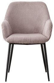 Frontansicht eines Armlehnstuhls mit geripptem Stoffbezug und schwarzen Metallbeinen.