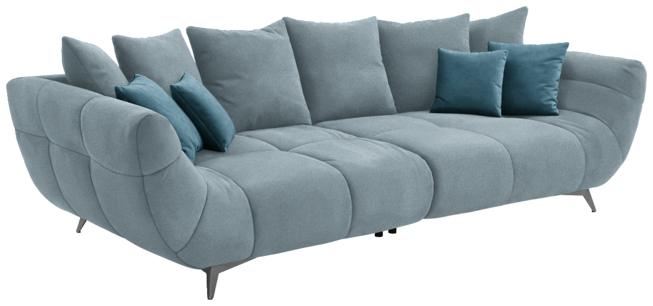 Großes, modernes Sofa in hellblauem Stoff mit mehreren Kissen, seitliche Perspektive