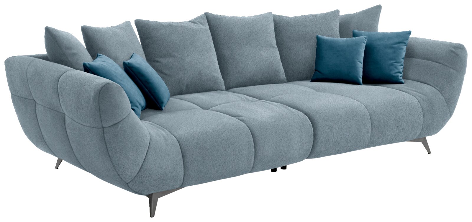 Großes, modernes Sofa in hellblauem Stoff mit mehreren Kissen, seitliche Perspektive