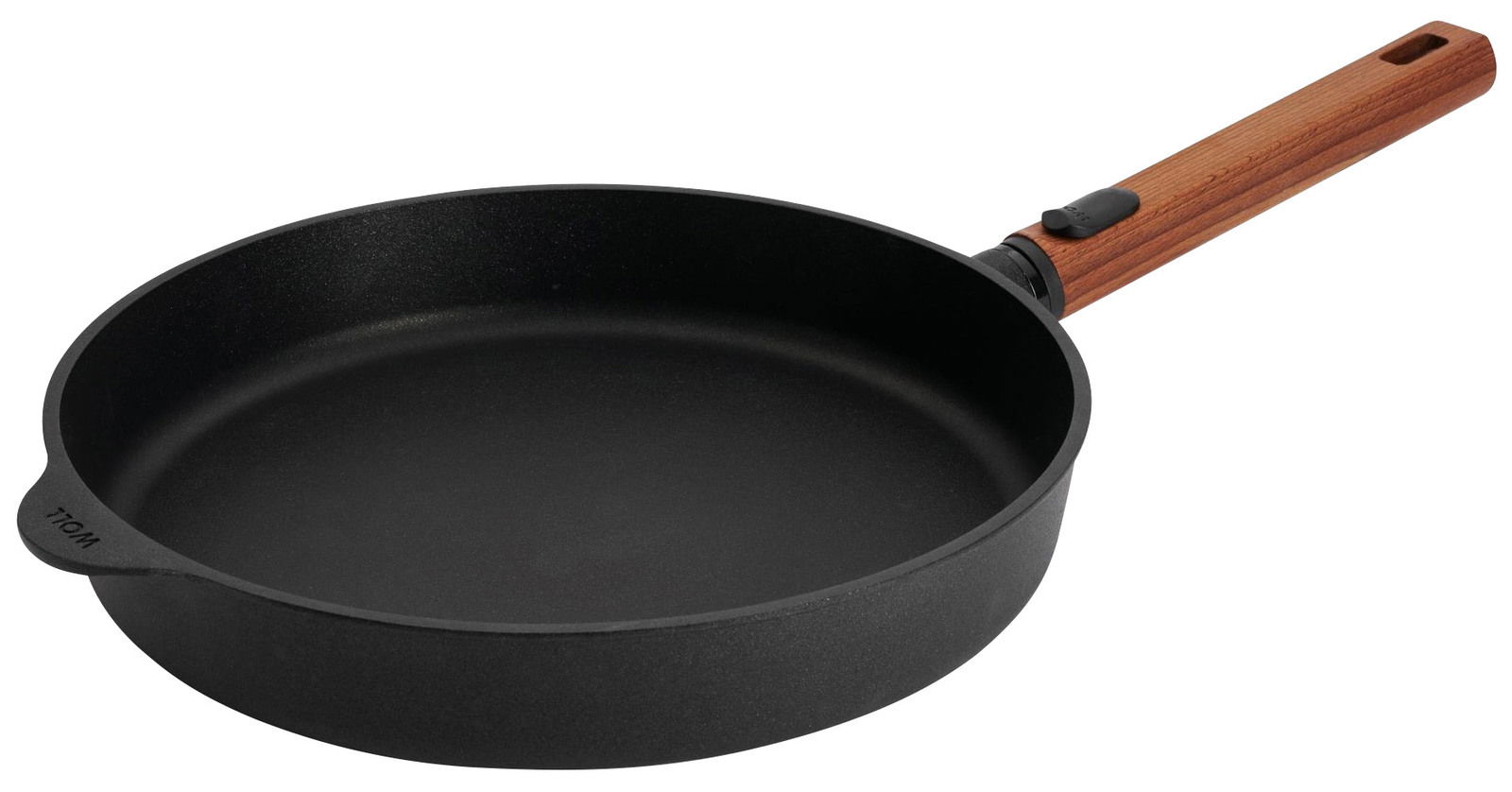 Gusseiserne Flachpfanne mit Holzgriff, seitliche Perspektive
