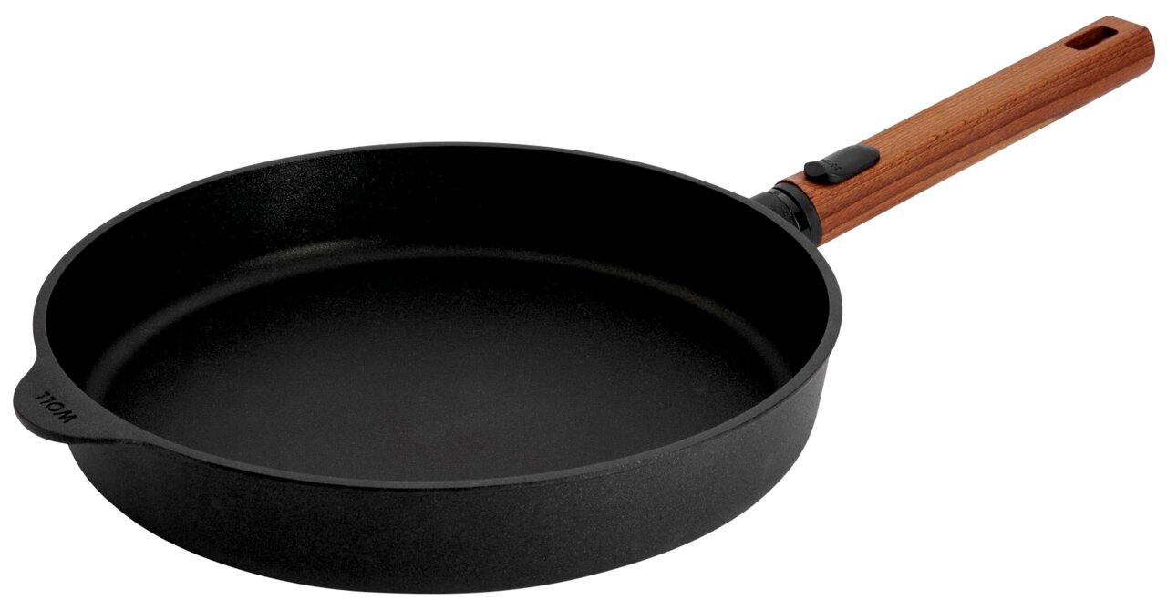 Woll Guss-Flachpfanne ECO LOGIC QXR Gusseiserne Flachpfanne mit Holzgriff, seitliche Perspektive