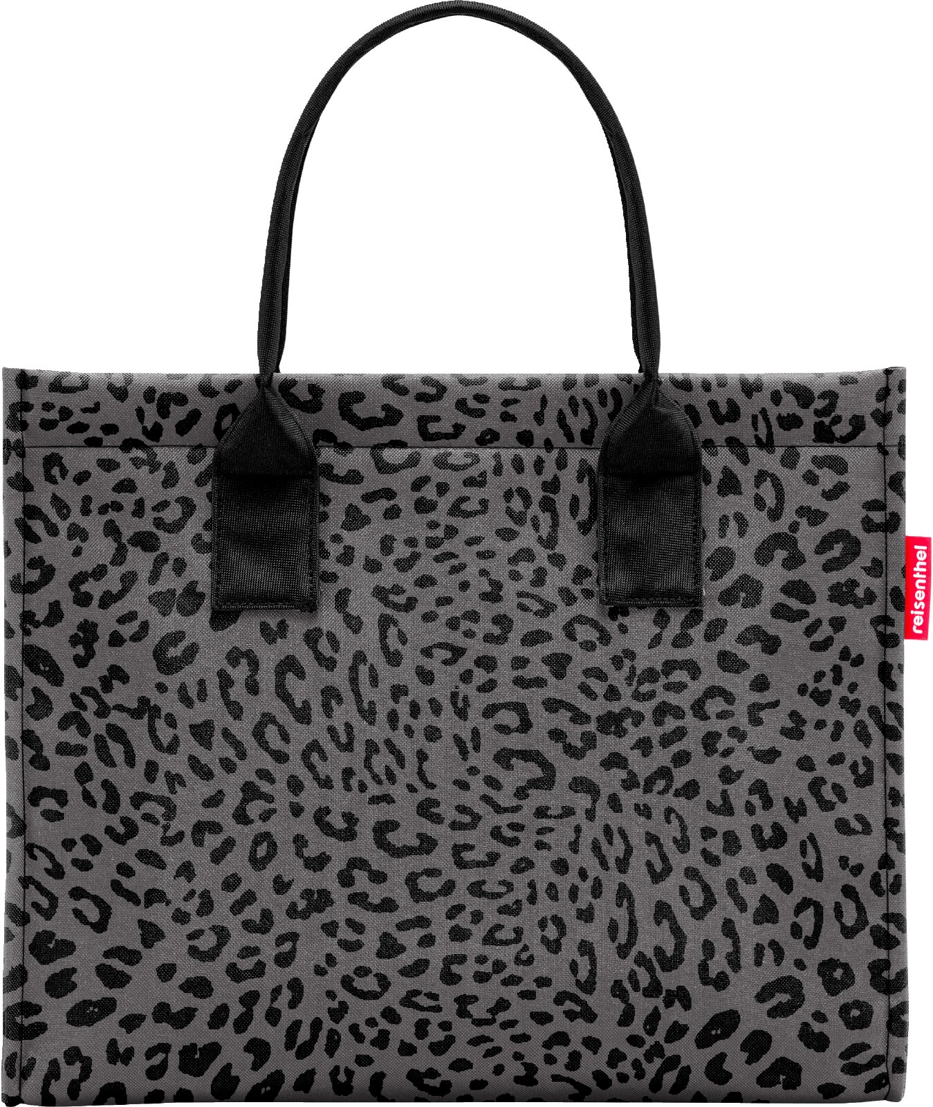 Vooraanzicht van een grijze rechthoekige shopper met zwarte luipaardprint, lange zwarte hengsels en rood reisenthel-label