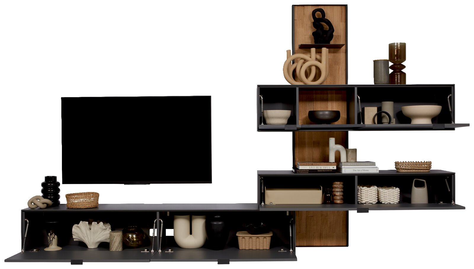 Dieter Knoll Wandcombinatie RINA Vooraanzicht van een moderne wandopstelling met open planken, decoratieve voorwerpen en een televisie.