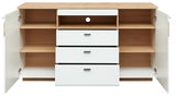 Frontale Ansicht eines Sideboards mit offenen Türen und Schubladen, in Holzoptik und Weiß.
